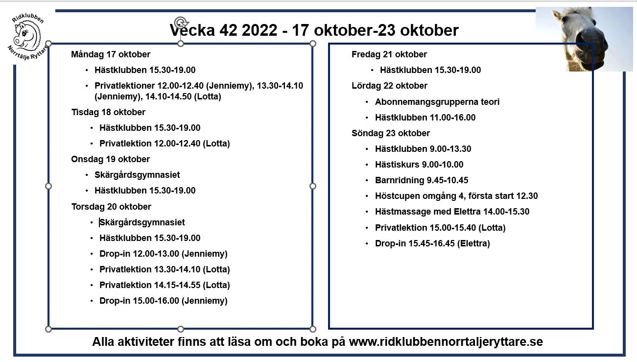 Vad händer vecka 42 2022? Ridklubben Norrtälje Ryttare