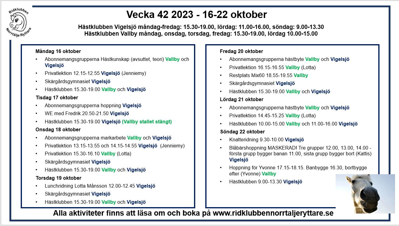 Vad händer vecka 42 2023? Ridklubben Norrtälje Ryttare