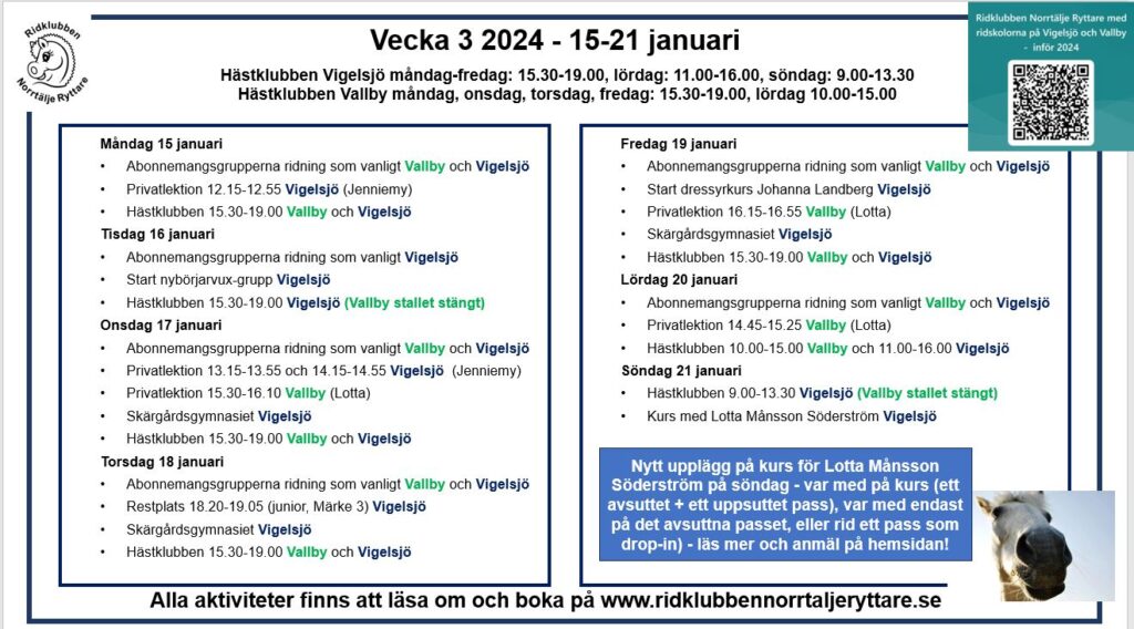 Vad händer vecka 3 2024? Ridklubben Norrtälje Ryttare